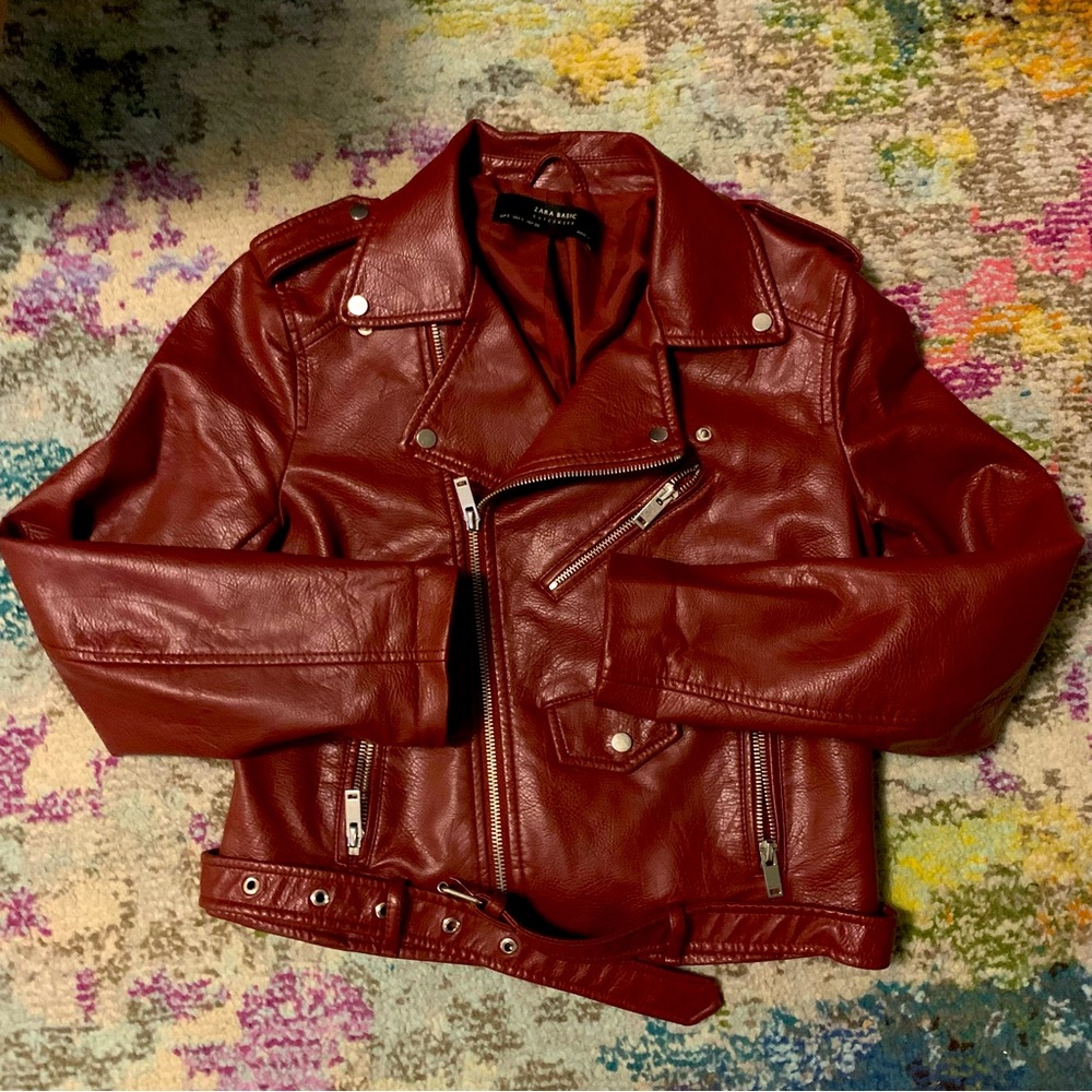 Zara Oxblood Faux Leather Cropped Moto Jacket sz S